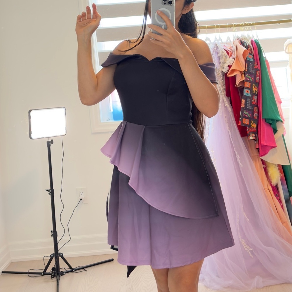 Elegant Off-Shoulder Black and Purple Dress - Size Small